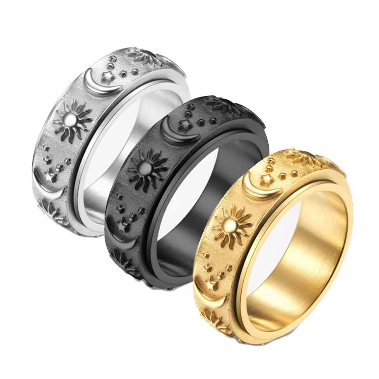 Celestial Spinning Ring  - 8mm Sun, Moon & Stars Rotating Fidget Ring
