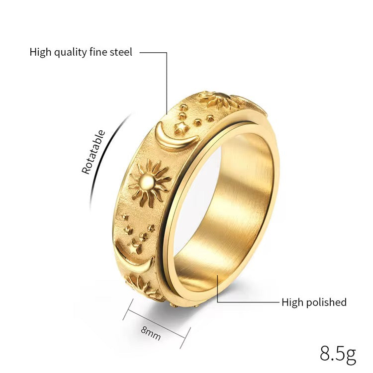 Celestial Spinning Ring  - 8mm Sun, Moon & Stars Rotating Fidget Ring